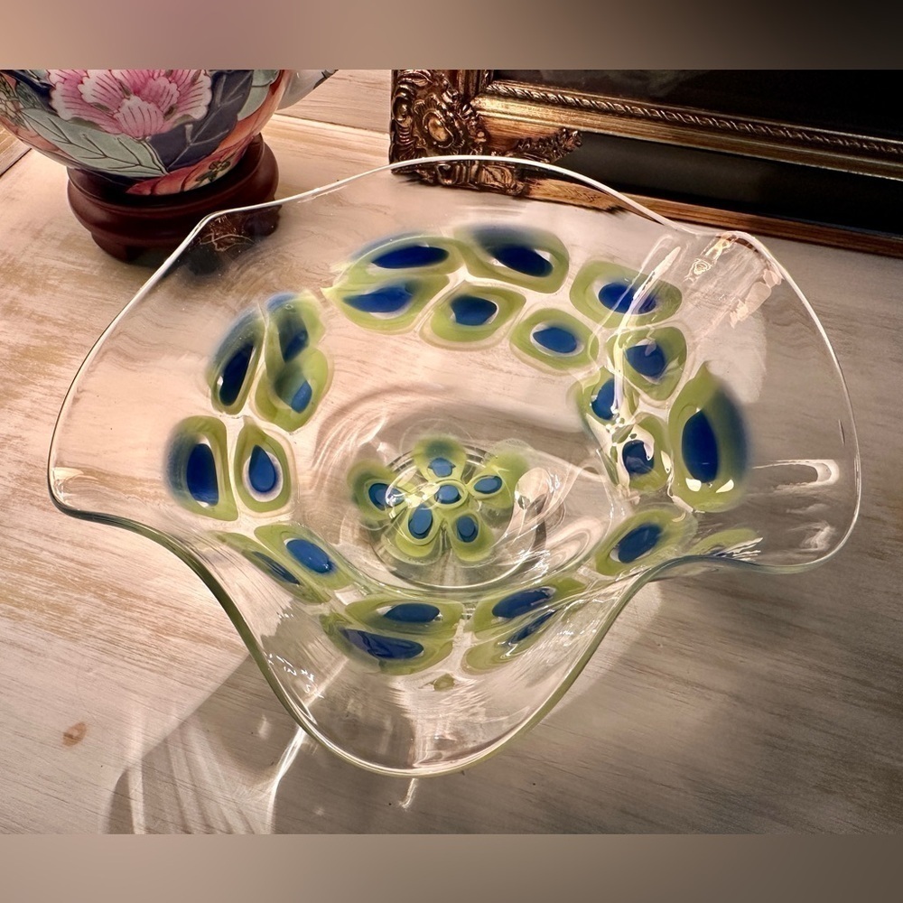 WAVY, CLEAR MIX BOWL WITH BLUE/GREEN DESIGN. HANDMADE. 8 1/4”W X 3 1/2”H